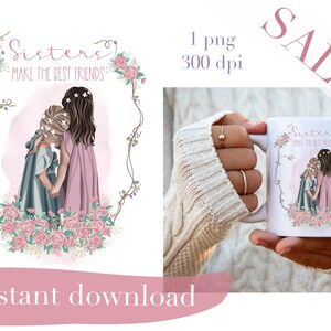 Clipart de sublimação de irmãs, arte de irmã mais velha, presente para ela, clipart de melhor amiga, clipart aquarela