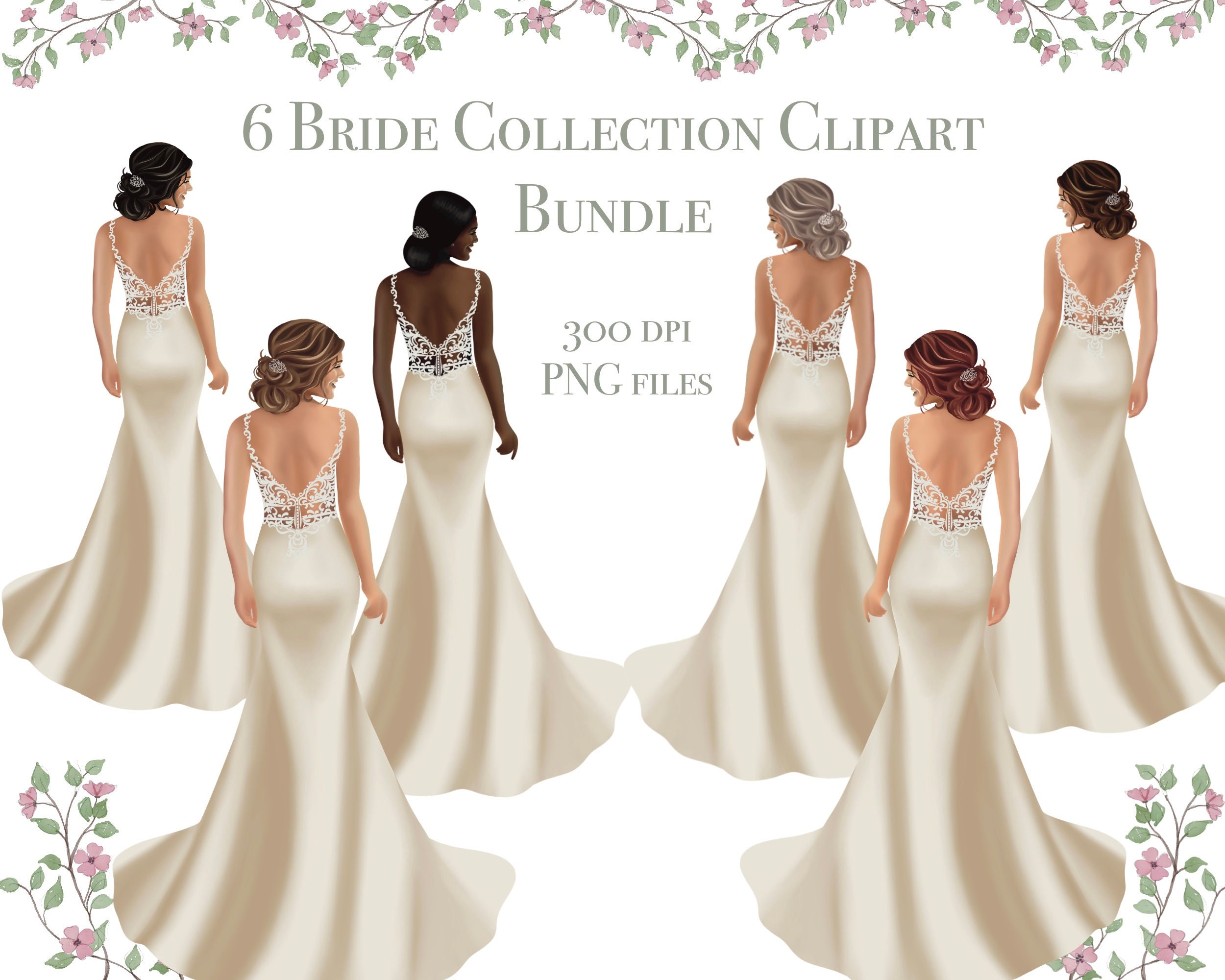 Bridal clipart collection, multiple skin and hair color combo options, wedding planner stickers, commercial use, ivory wedding gown