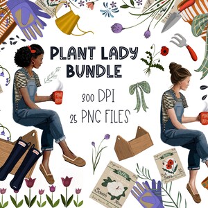 Clipart de jardinería de acuarela, Plant Lady, Jardín de primavera, Clipart rústico, Pegatinas de planificador digital, macetas, Herramientas de jardín, Clipart de granja