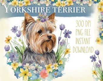 Watercolor yorkie with spring flowers clipart, whimsical Yorkshire terrier sublimation clipart, instant download