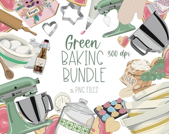 Green bakery clipart, home baker clipart, green kitchen watercolor illustrations, baking clipart