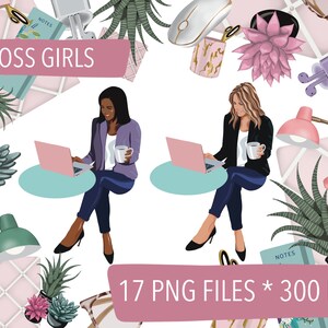 Feminine Girl Boss Clipart Bundle, arte de pared de oficina en casa, ilustraciones digitales femeninas para pegatinas, chicas de moda