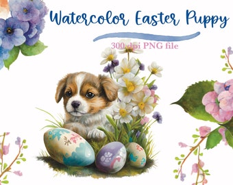 Easter puppy with flowers, whimsical Easter clipart, cute puppy watercolor, digital download