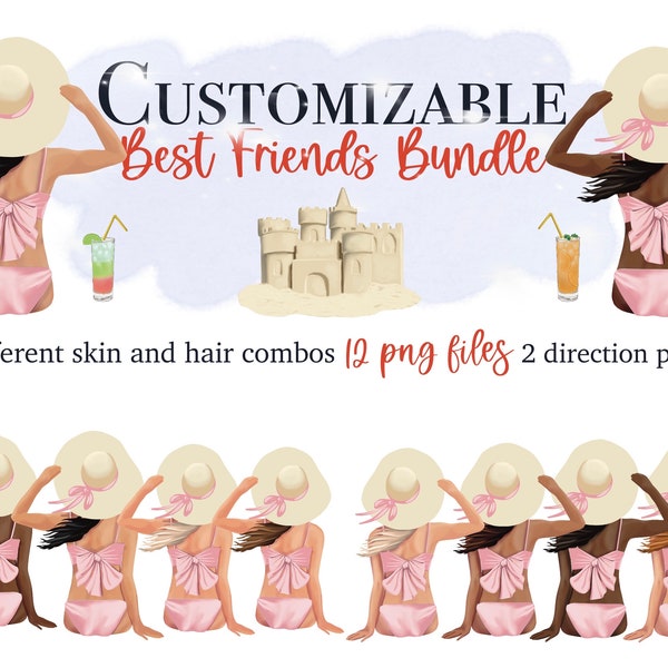 Girls pink bikini beach trip clipart, best friends group customizable clipart bundle, girlfriends clipart, instant download