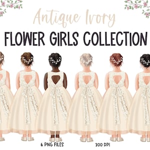 Clipart de fille à fleurs d’ivoire antiques, fête de mariée personnalisée, dessins d’invitation à la douche nuptiale, petites filles en robes formelles