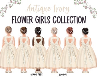 Antique ivory flower girl clipart, customized bridal party, bridal shower invitation drawings, little girls in formal dresses