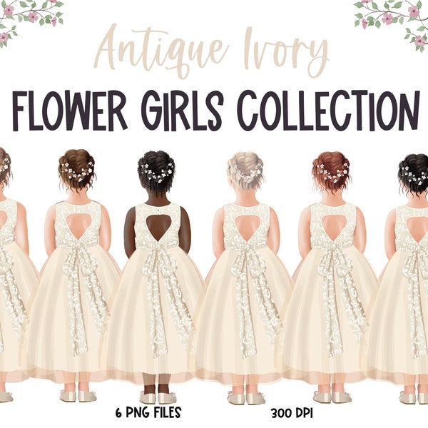 Antique ivory flower girl clipart, customized bridal party, bridal shower invitation drawings, little girls in formal dresses