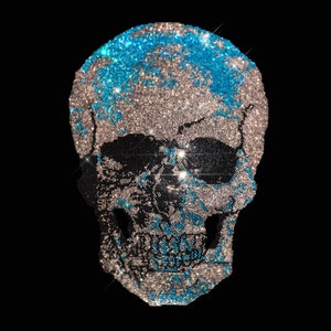 Turquoise Rhinestone iron on Skull Heat Transfer Patch, Hot fix Rhinestone Crystal Skull Design, Bling iron on Skull patches 16&quot; x 10.5&quot;