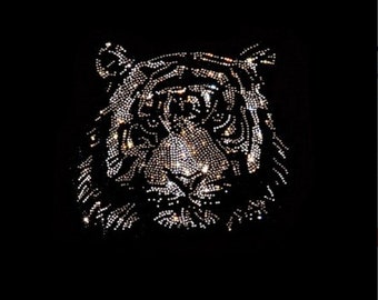 Black Silver Tiger Rhinestone Heat Transfer Design , Iron on Tiger Transfer , Hot Fix Tiger Head Decal , Iron on Rhinestones, Iron on Design