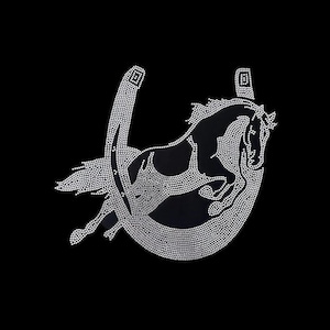 May include: A black and white horse silhouette jumping over a horseshoe, both made of rhinestones.