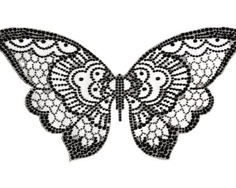 May include: Black and white butterfly design with intricate lace details. The butterfly is made of small, round beads that create a textured effect.