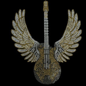 Guitar with Wings Rhinestone Heat Transfer Design , hot fix crystal instrument patch designs , bling bling applique