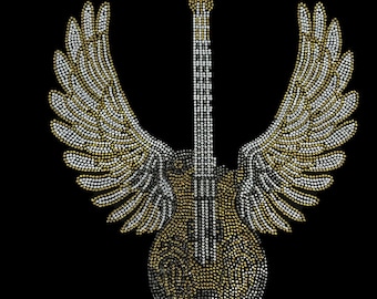 Guitar with Wings Rhinestone Heat Transfer: Bling Iron on Patch (11x9 inches)