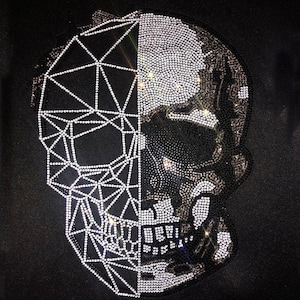 Silver Half Skull Rhinestone Iron on Heat Transfer, Crystal Rhinestone Skull Decal Design, Heat Transfer Skull, Bling Skull T-shirt Transfer