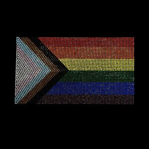 May include: A vibrant flag design with a black backdrop. The flag is composed of a rainbow of colours, including red, orange, yellow, green, blue, and purple, with a triangle on the left side that includes light blue, pink, brown, and black.