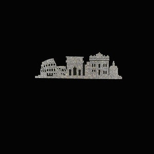 May include: A white silhouette of the Roman Colosseum and other buildings, created with small white lights against a black background.
