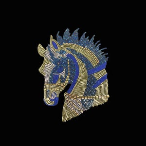 May include: A blue and gold horse head design made of rhinestones. The horse is facing left and has a mane and bridle.