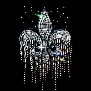 Blue Crystal Fleur de Lis Rhinestone Iron on Applique (11.5" x 9") heat transfer bling design