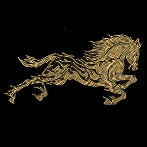 May include: A gold horse silhouette made of small, round, shiny beads on a black background.