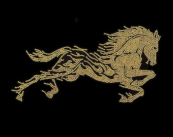 Gold Rhinestone Horse Applique: Bling Iron-On Patch, Heat Press Design