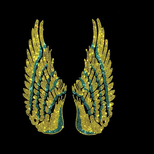 Rhinestop Green-Yellow Stripe Angel Wings Iron on Rhinestone Design, Angel Wings Iron On Design , Angel Wings Transfer , Rhinestone Decal