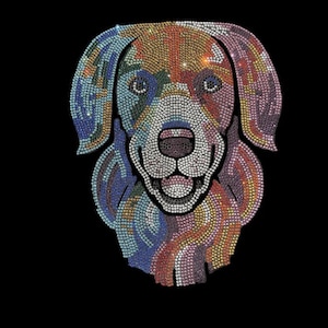 Cute dog iron on rhinestone motif, heat transfer dog colorful patch design, hot fix rhinestone dog applique, crystal shirt applique 10&quot;x 8&quot;