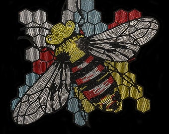 Bee Rhinestone Heat Transfer, Iron On Applique (11" x 12") hot fix crystal diy shirt designs
