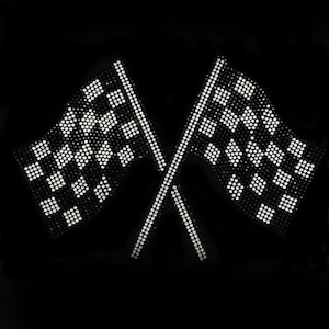 May include: Two black and white checkered flags crossed over each other. The flags are made of rhinestones.