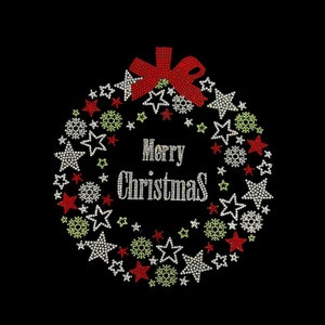 May include: A Christmas wreath design on a black background. The wreath features white, red, and green star and snowflake shapes. A red bow is at the top. The words "Merry Christmas" are in the centre.