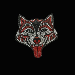 May include: A black and red wolf head design made of rhinestones. The wolf's tongue is sticking out and is also made of rhinestones.