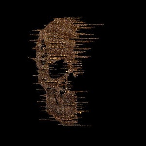 May include: A gold skull made of small dots on a black background.