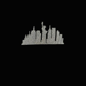 May include: A black and white silhouette of the New York City skyline, made up of small white dots.