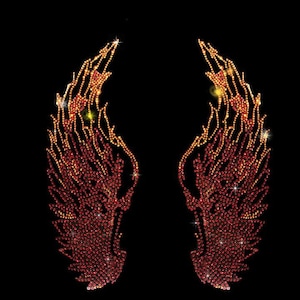 Red Fire Angel Wings Heat Transfer Iron on Design, Blingy Iron ons, Rhinestone Angel Wing Applique, Hot Fix Rhinestone Designs 11.5&quot; x 10&quot;