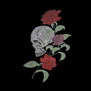 Rose Skull iron on heat transfer bling iron on applique patch, hot fix crystal skull transfer design , custom shirt iron on designs 12&quot; x 7&quot;