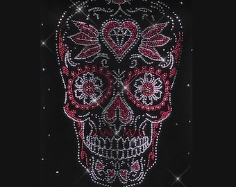 Sugar Skull Rhinestone Iron On Applique: Bling Heat Transfer (10" x 7")