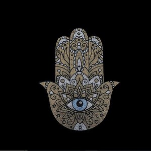May include: A gold and blue hamsa hand with intricate details and a blue eye in the centre. The hamsa hand is a symbol of protection and good luck.