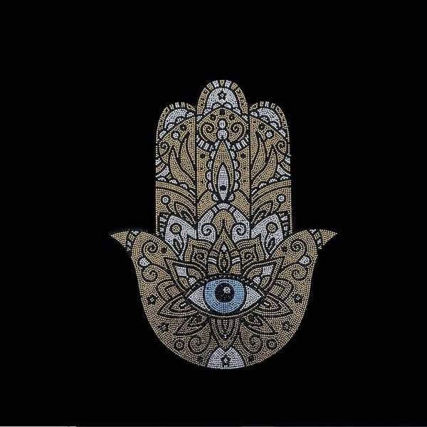 Hamsa-Fatima's Hand Iron-on Rhinestone Design, Hotfix Rhinestone Design, Custom Rhinestone Patch, Sparkly T-shirt, Bling Crystal Design