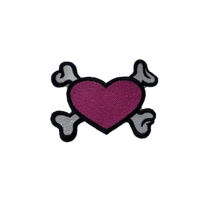 Heart and cross bones iron on patch , pink heart embroidery applique design