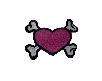 Heart and cross bones iron on patch , pink heart embroidery applique design