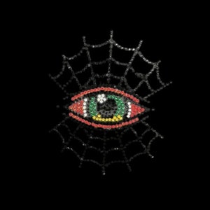 May include: A black and white spiderweb design with a colorful eye in the center. The eye is made of red, green, yellow, and white rhinestones.