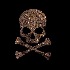 May include: A gold skull and crossbones design made of sparkling rhinestones on a black background.
