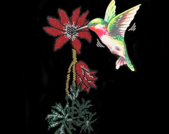 Hummingbird Rhinestone Flower Iron-On Applique (13” X 9”)