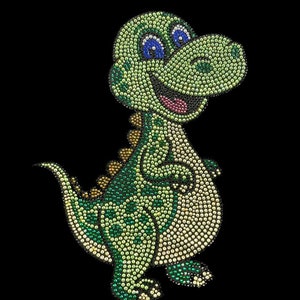 May include: A green dinosaur made of rhinestones with blue eyes and a pink mouth. The dinosaur is smiling and has a long tail.