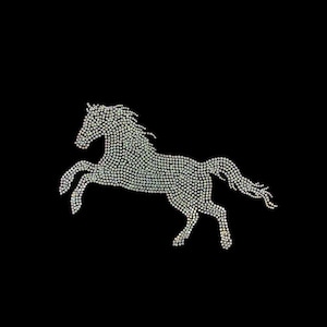 May include: A rhinestone-studded horse silhouette in a rearing pose against a black background. The horse is composed of numerous small, sparkling rhinestones, creating a shimmering effect. The design captures the horse's flowing mane and tail.