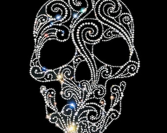 Rhinestone Skull Iron on Transfers, Bling Skeleton Decal (14"x 10") heat transfer hot fix applique designs