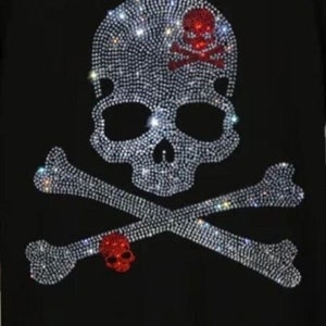 Ab Crystal Rhinestone Skull cross bones Design, iron on skull transfers, hot fix iron on skull patches, rhinestone iron on skulls 12&quot; x 10&quot;