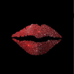 May include: A pair of red lips made of sparkling rhinestones on a black background.