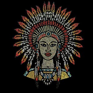 May include: A colorful beaded image of a Native American woman wearing a headdress with feathers. The beads are arranged in a pattern to create the image of a woman's face and headdress.