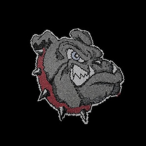 May include: A black and white pixelated image of a bulldog with a red and white spiked collar. The bulldog is looking to the right with a fierce expression.