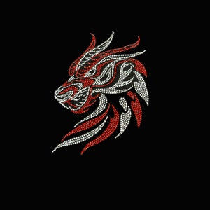 May include: A detailed, stylized illustration of a dragon's head, rendered in red and white rhinestones against a black background. The design features intricate patterns and a fierce expression, showcasing the dragon's profile.